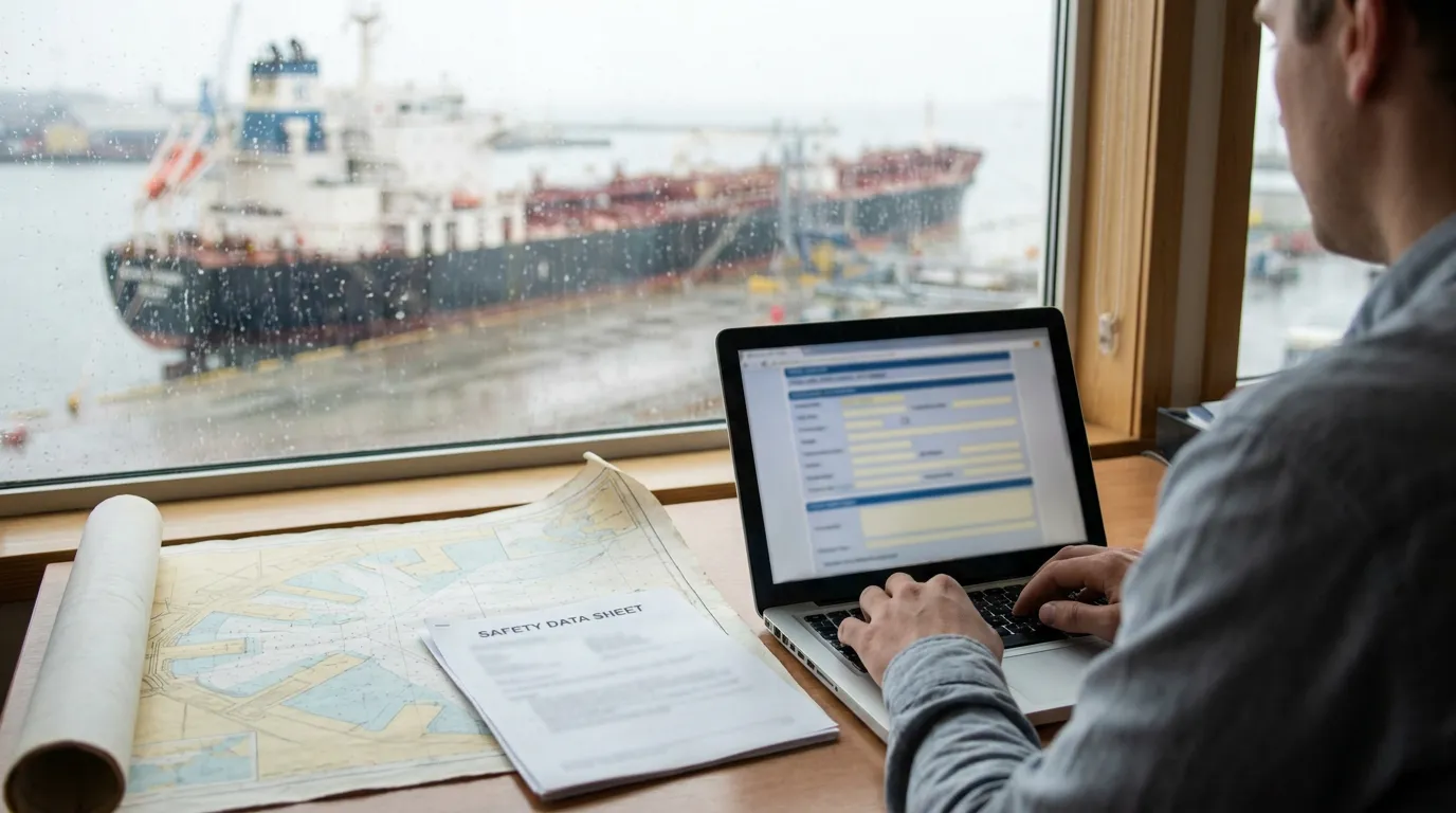 Logistics coordinator completing a vessel booking request beside a safety data sheet and port map