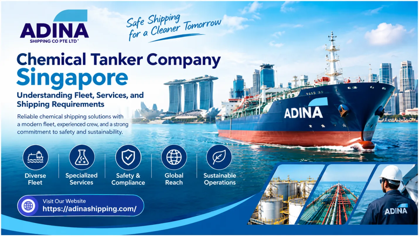 Chemical tanker company Singapore: an ADINA SHIPPING chemical tanker off the Singapore skyline